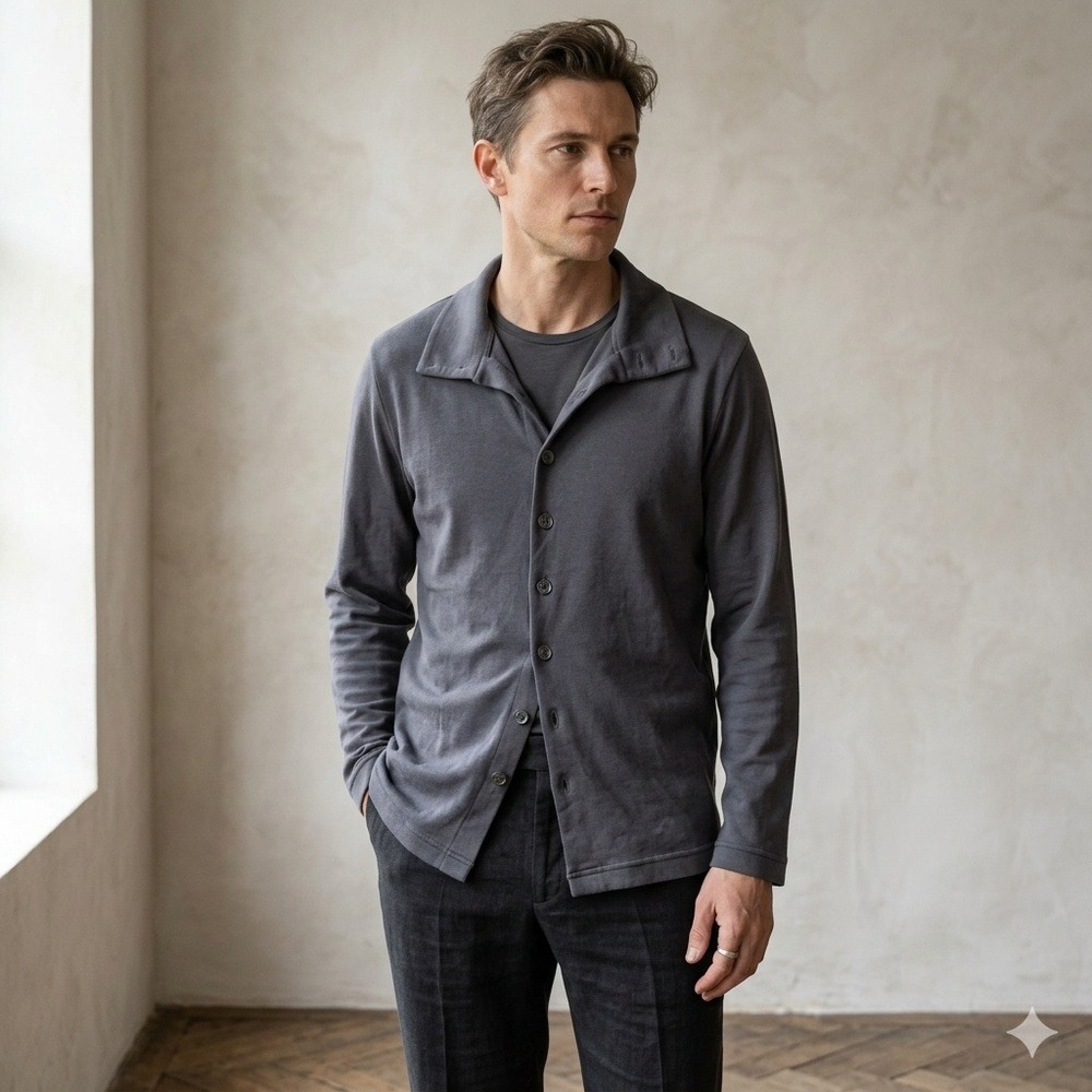 Frette Korean Air Mens Top M Grey Button Down Long Sleeve Loungewear Minimalist‎